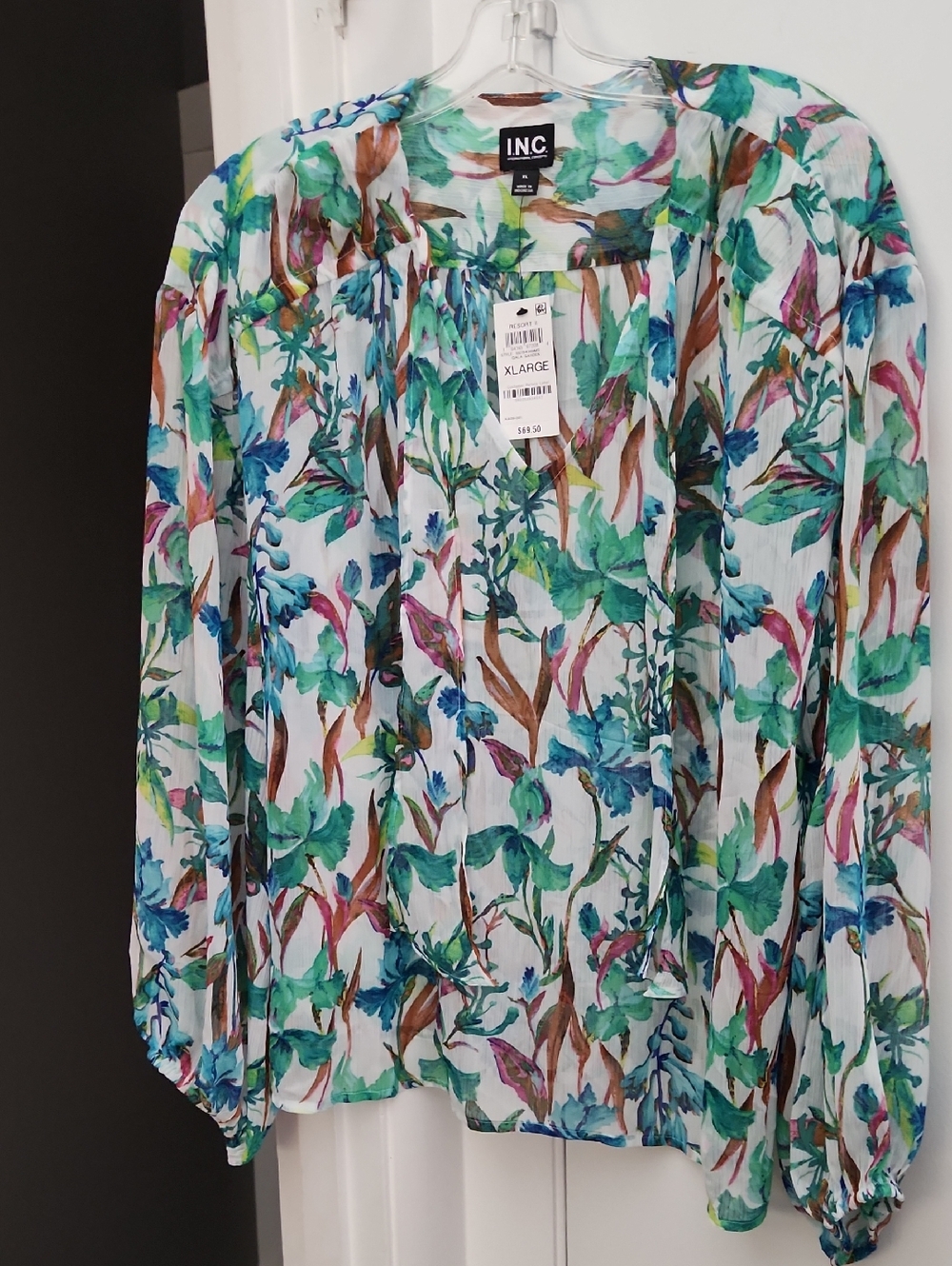 INC International Concepts White Floral Peasant Blouse with Green & Blue Print